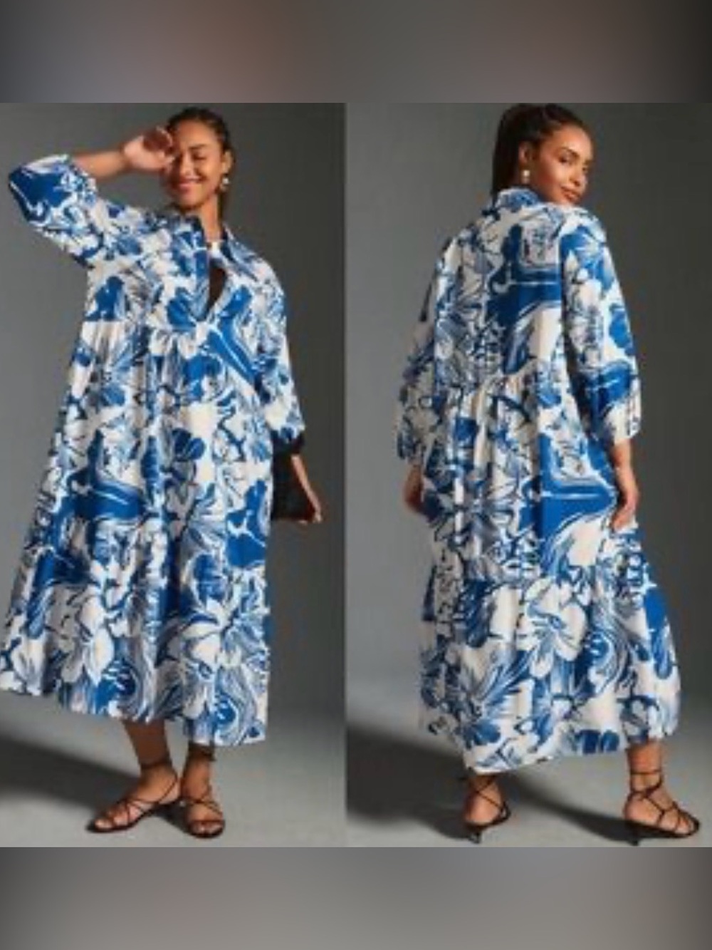 Maeve by Anthropologie Bettina Dress Size 3X Blue White Floral Midi Maxi Cotton